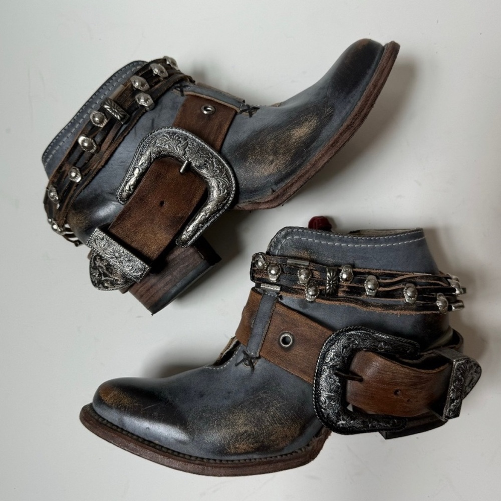 Freebird Gray and Brown Heeled Boots with Straps